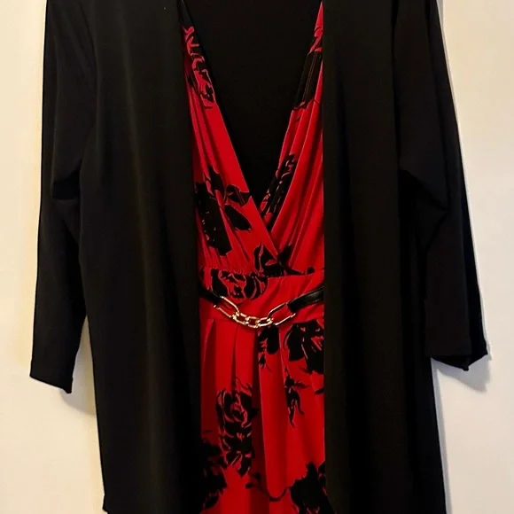 Jaclyn Smith Collection XL Red Black Floral Faux Wrap Dress Overlay Cardigan - Picture 16 of 16